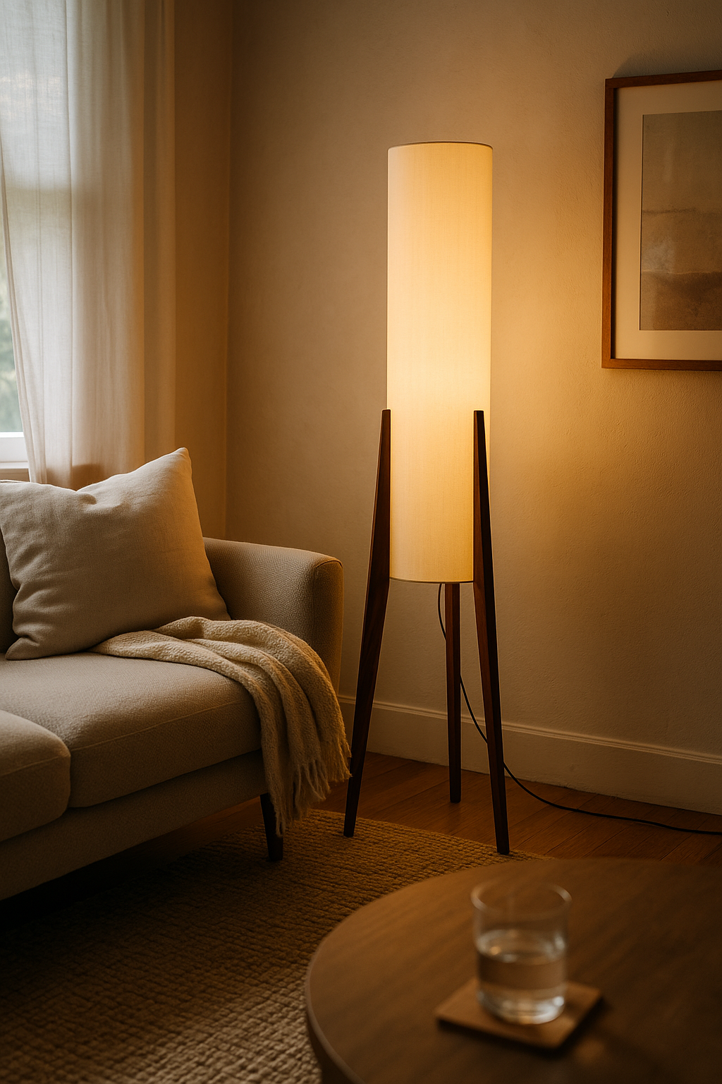 Floor Lamp Tripod Wood Living Room | Cylindrical