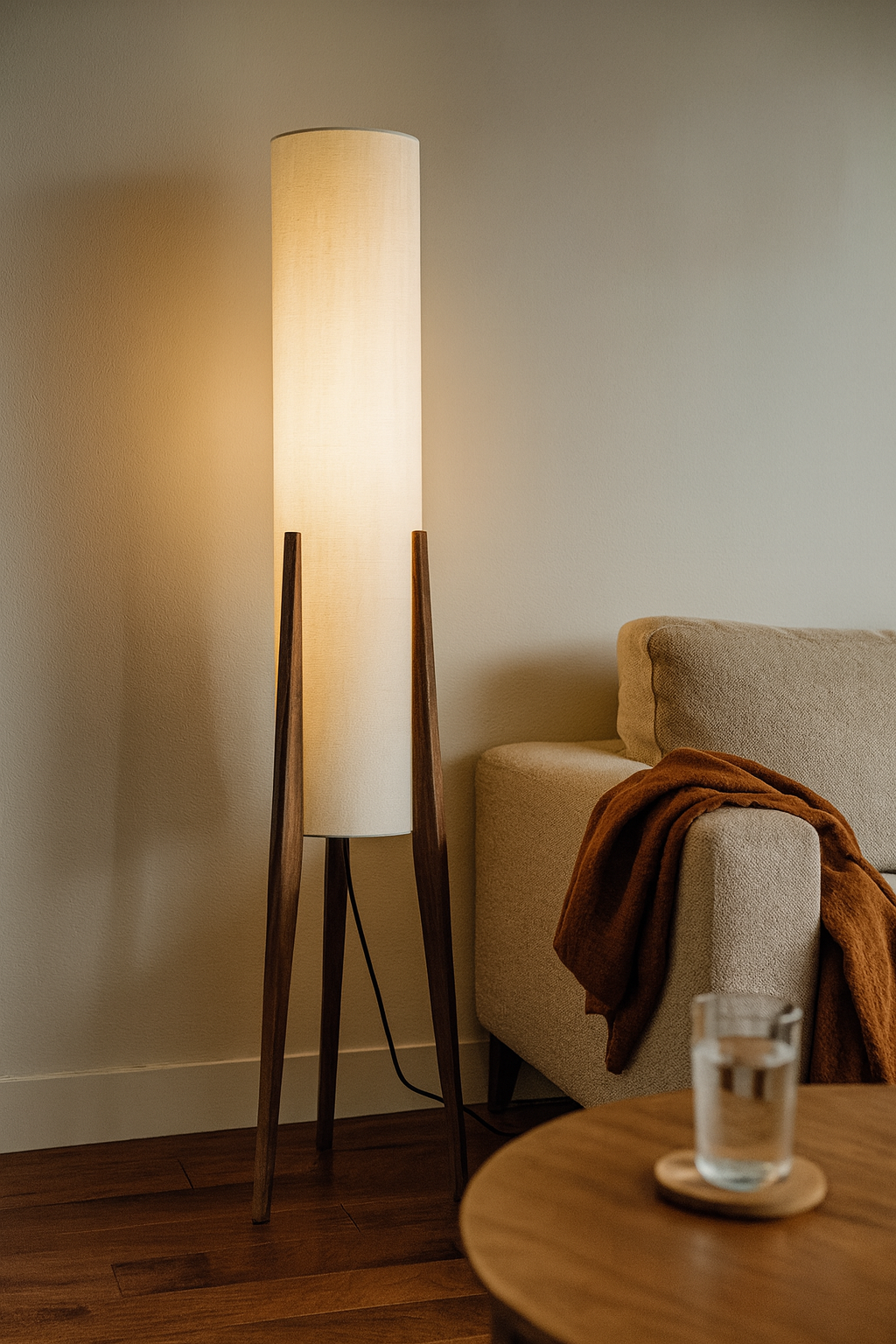 Floor Lamp Tripod Wood Living Room | Cylindrical