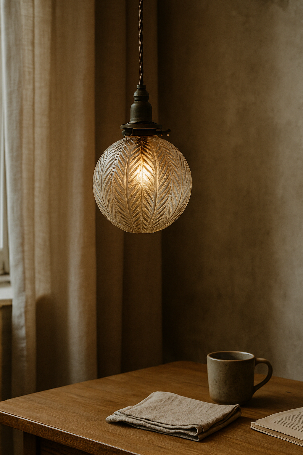 Pendant Light Glass Etched Living Room | Feather Pattern