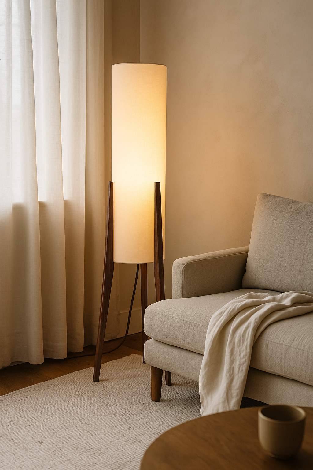 Floor Lamp Tripod Wood Living Room | Cylindrical